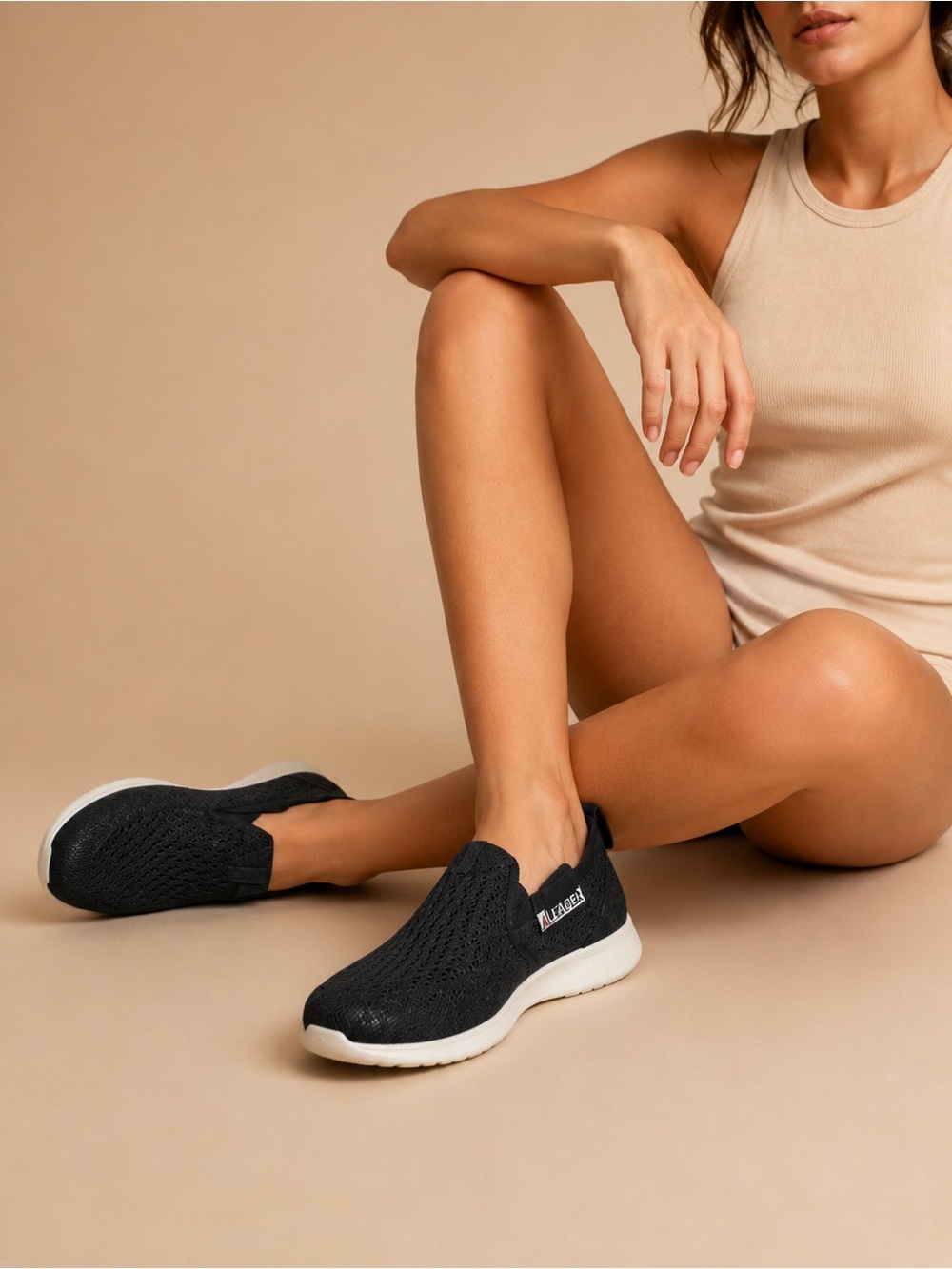 Women’s Black Slip-On Knit Sneakers with White Sole